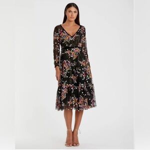 Mac Duggal Black Floral Embroidered Tea Length Dress